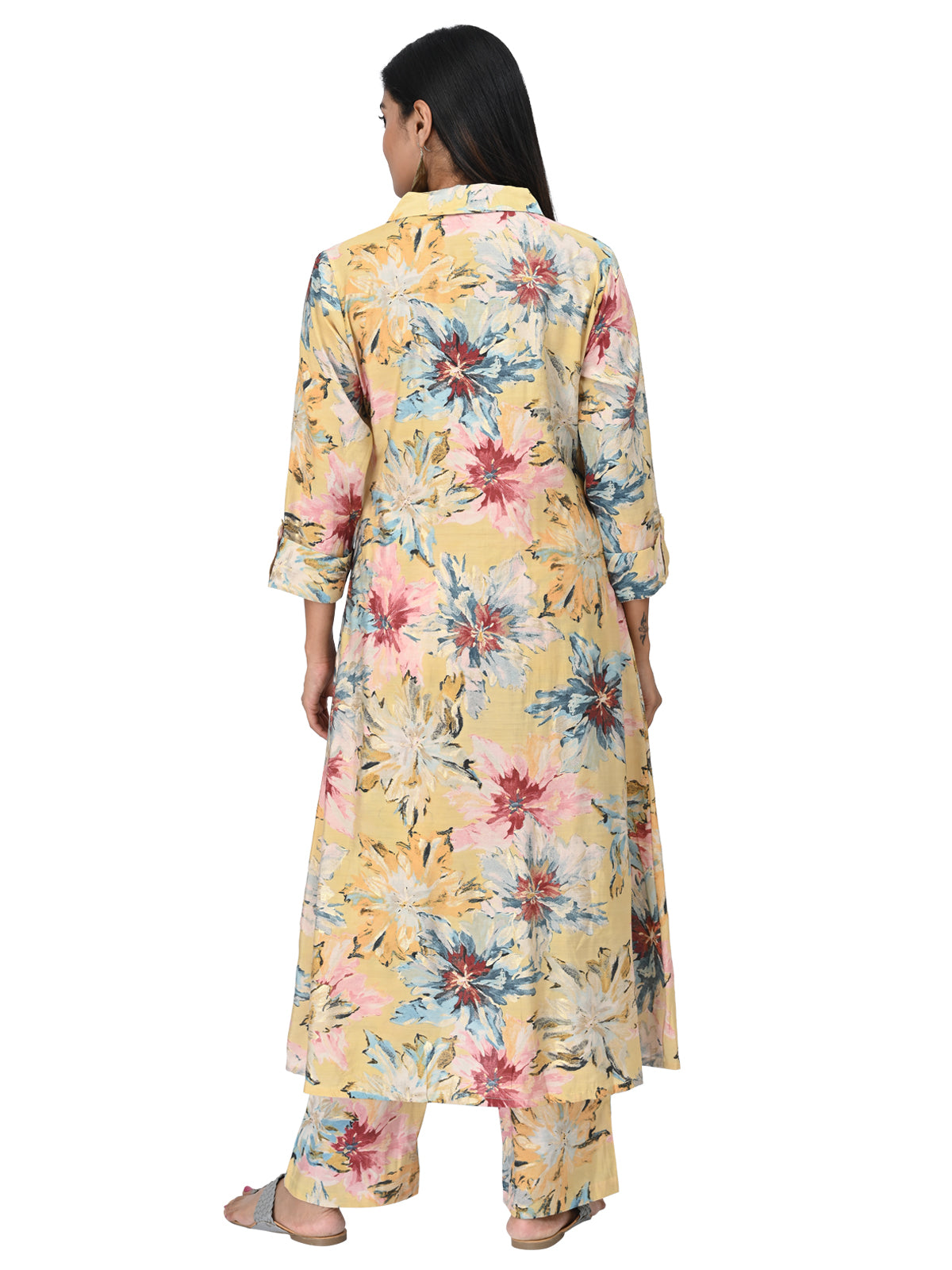 Yellow Floral Printed Long Kurta Co-ord Set