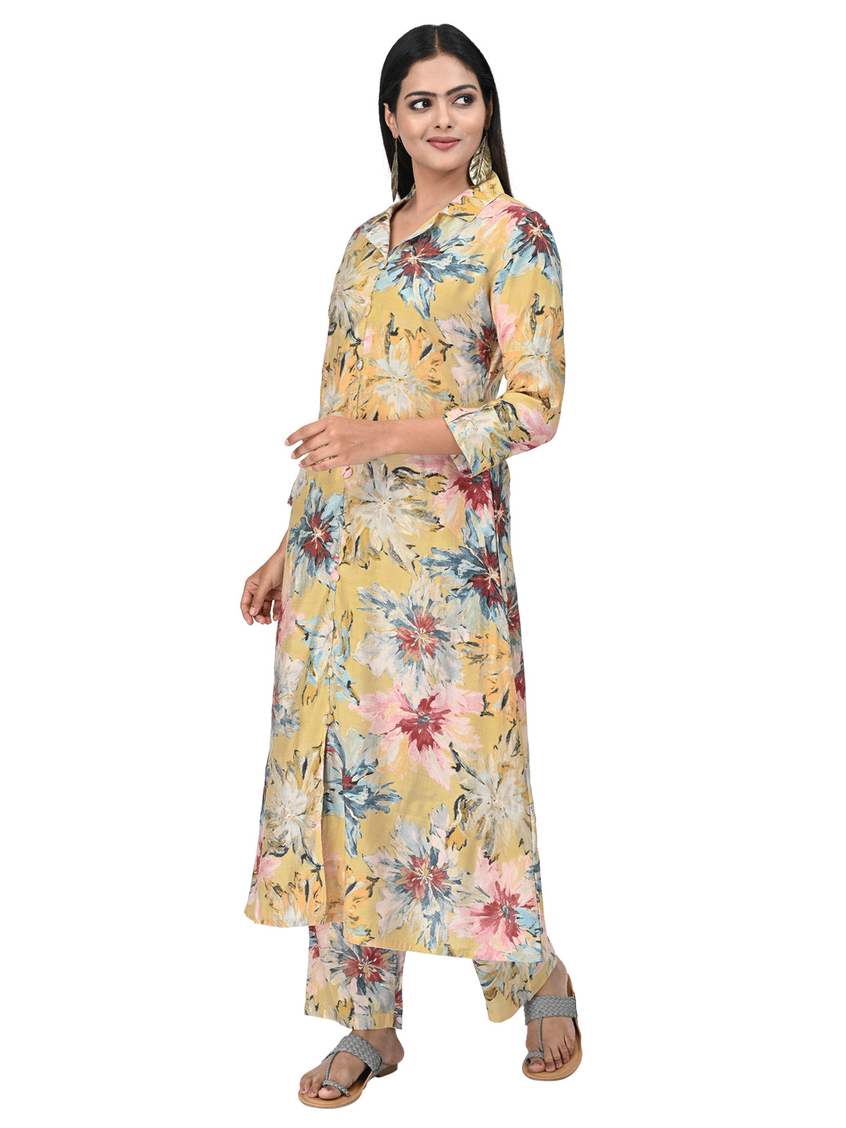 Yellow Floral Printed Long Kurta Co-ord Set