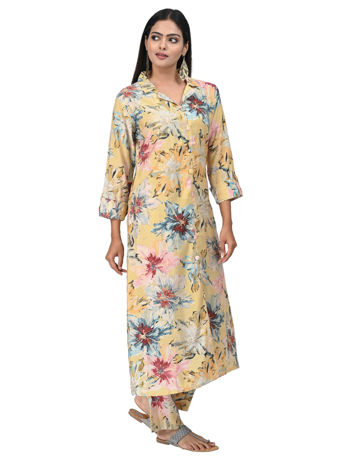 Yellow Floral Printed Long Kurta Co-ord Set
