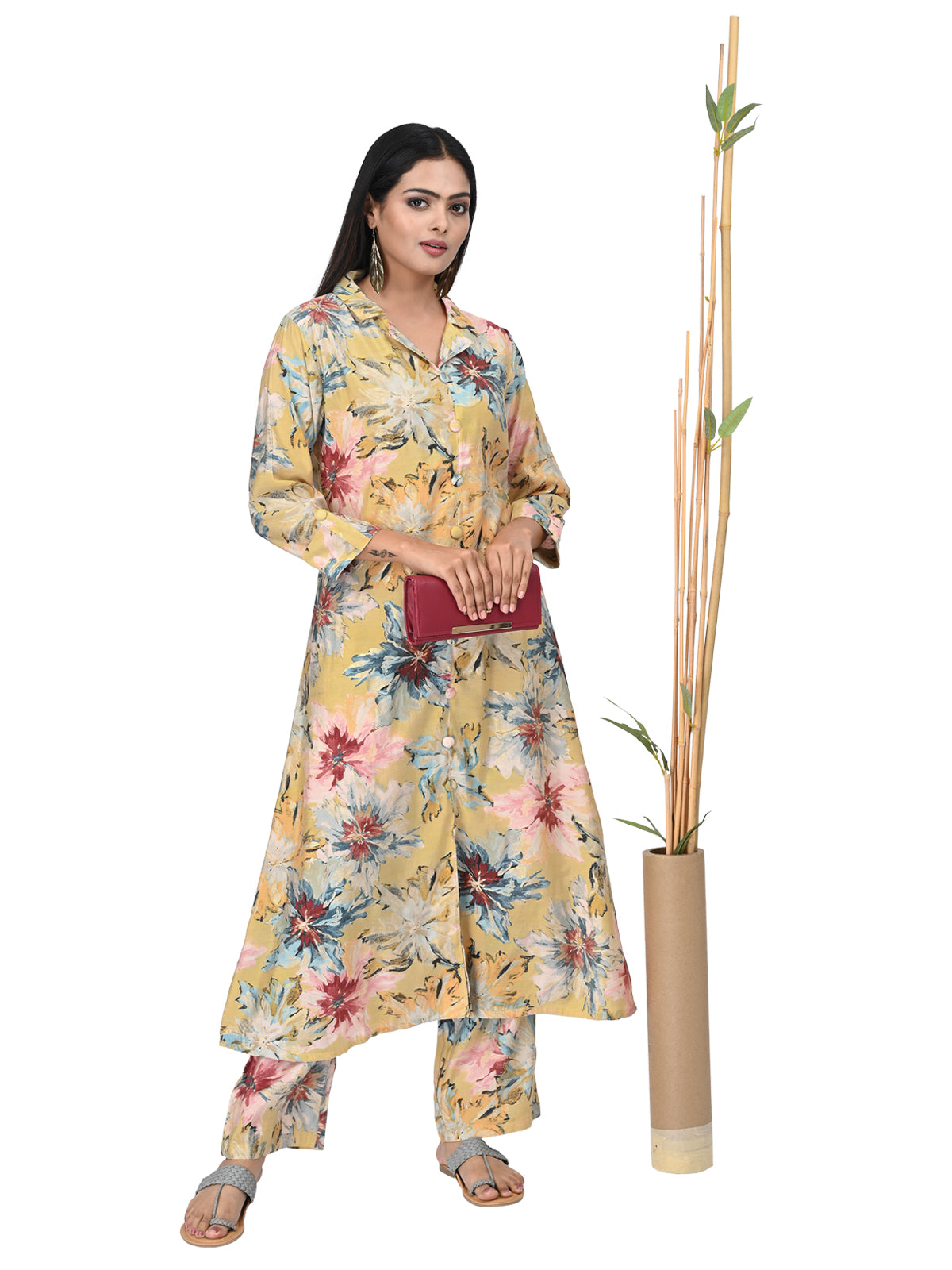 Yellow Floral Printed Long Kurta Co-ord Set