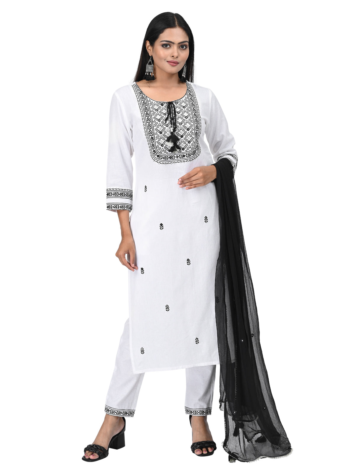Elegant White & Black Embroidered Kurta Set