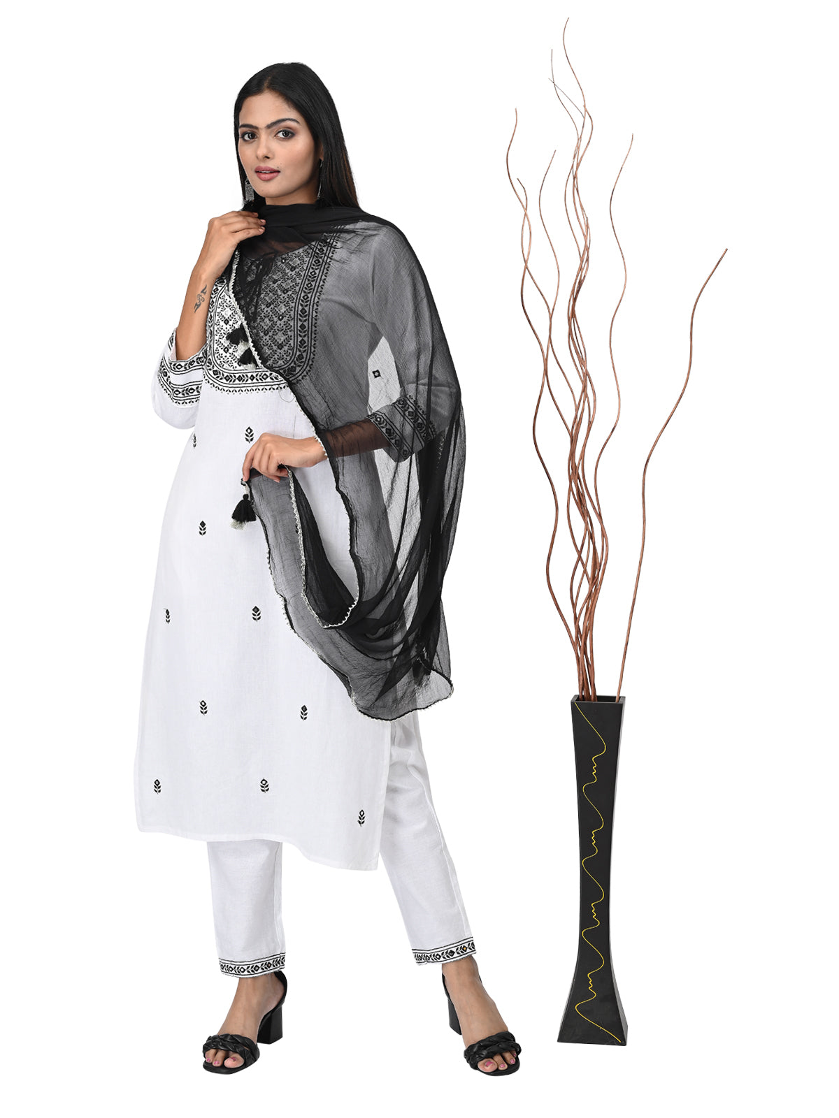 Elegant White & Black Embroidered Kurta Set