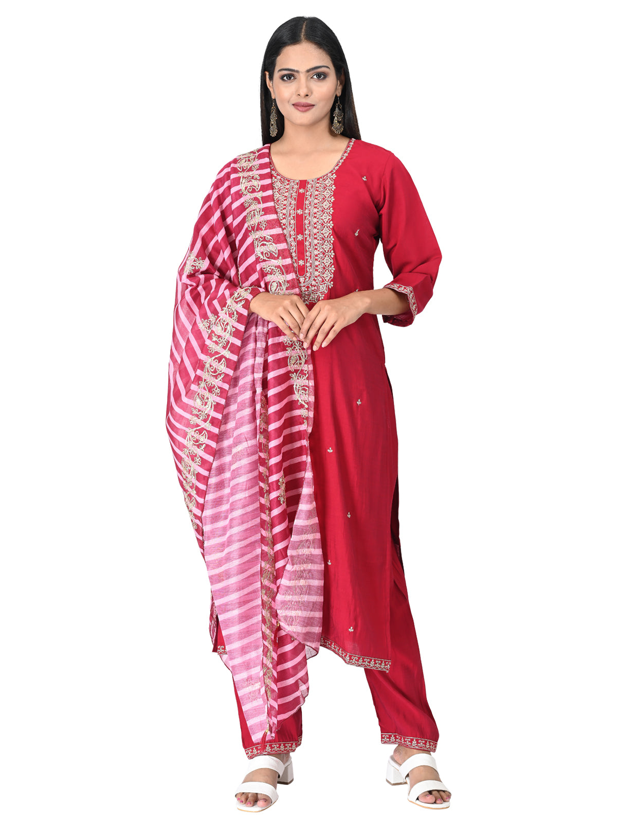 Graceful Dark Pink Embroidered Kurta Set with Striped Dupatta