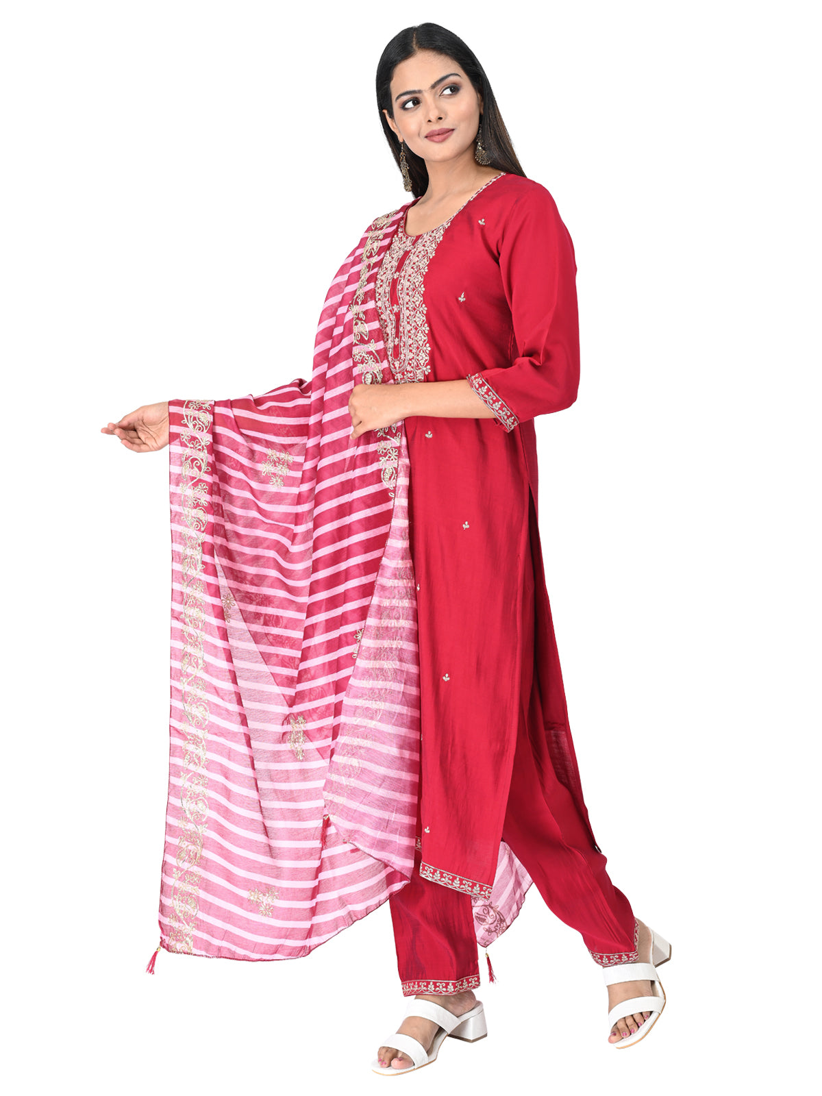 Graceful Dark Pink Embroidered Kurta Set with Striped Dupatta