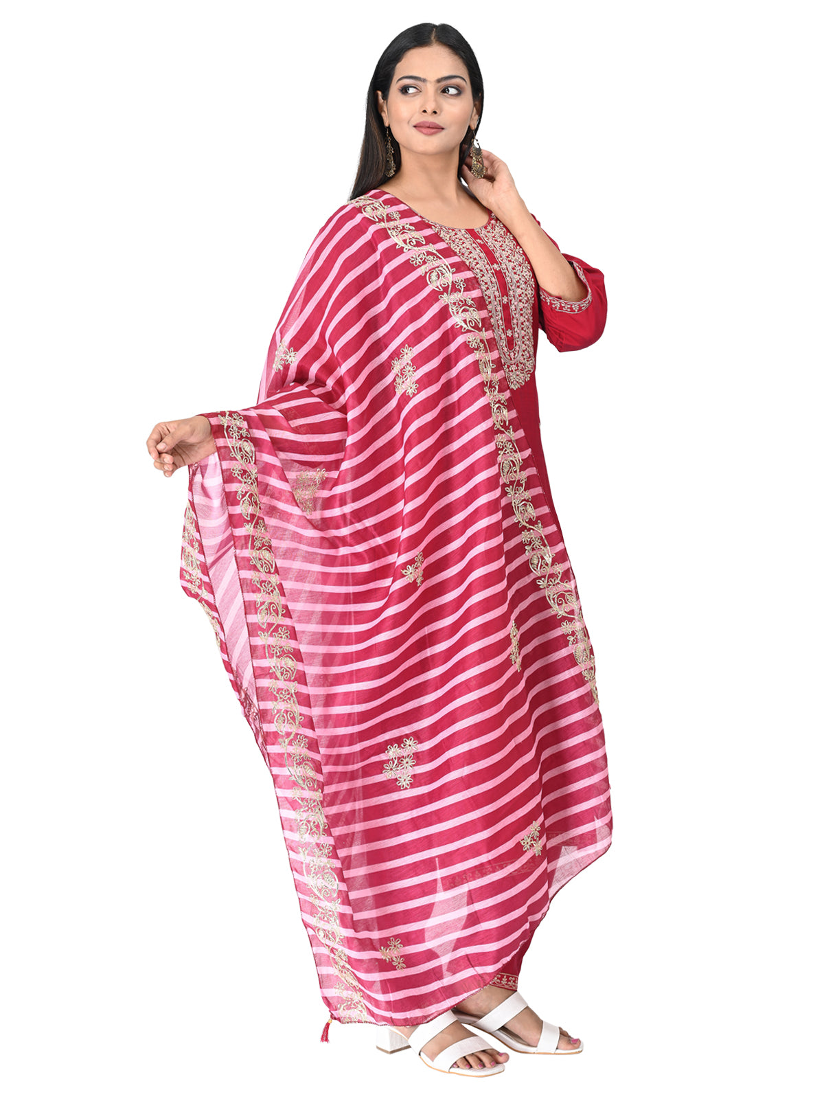 Graceful Dark Pink Embroidered Kurta Set with Striped Dupatta