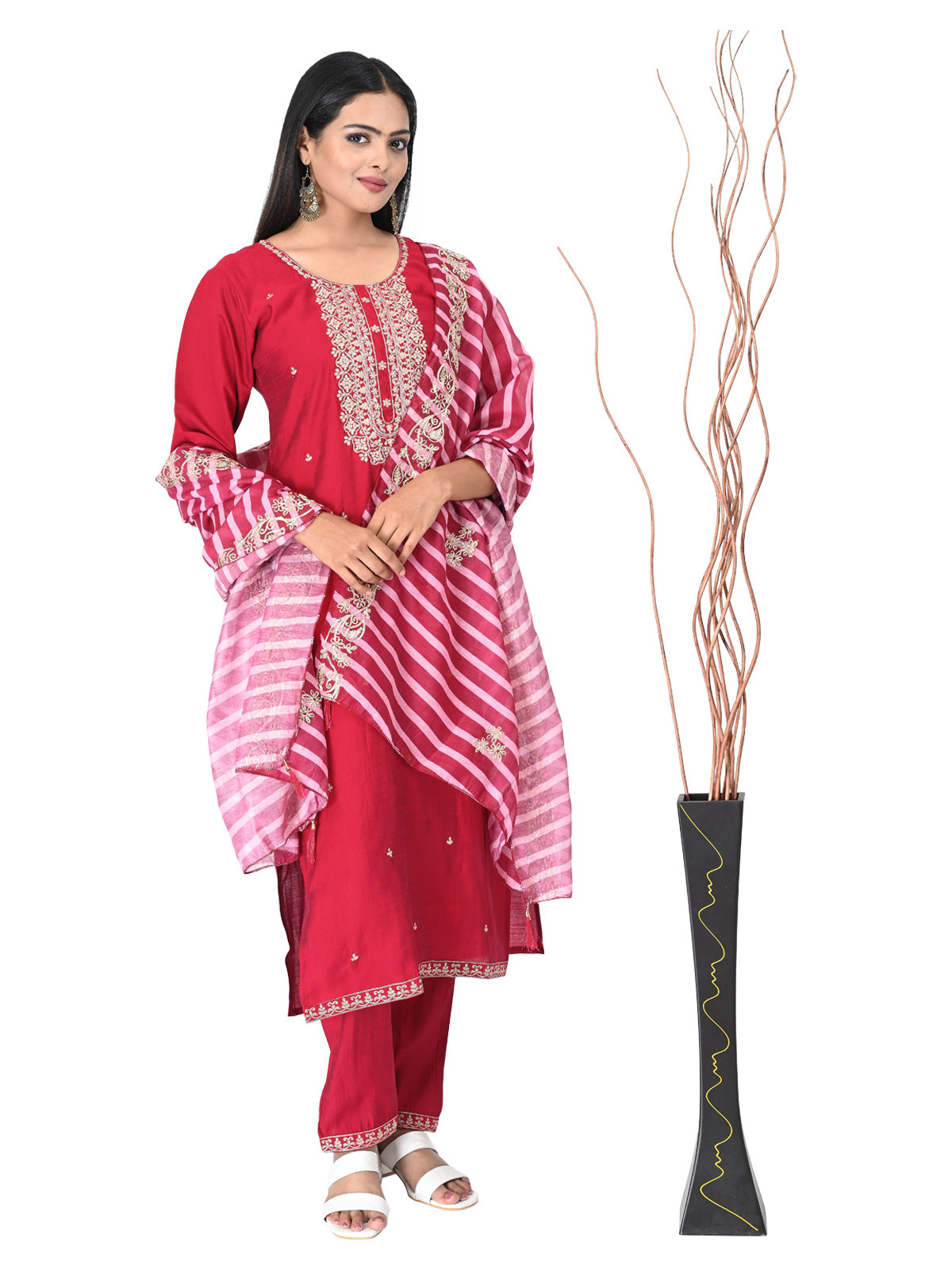 Graceful Dark Pink Embroidered Kurta Set with Striped Dupatta