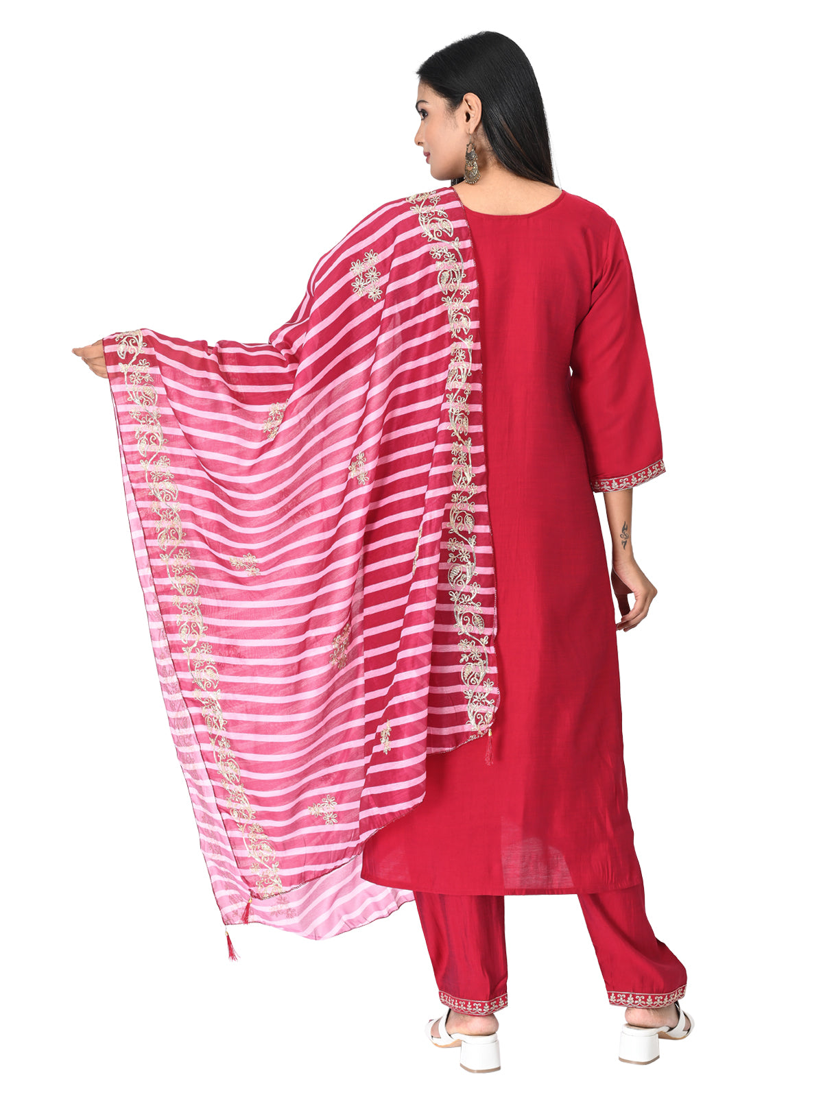 Graceful Dark Pink Embroidered Kurta Set with Striped Dupatta