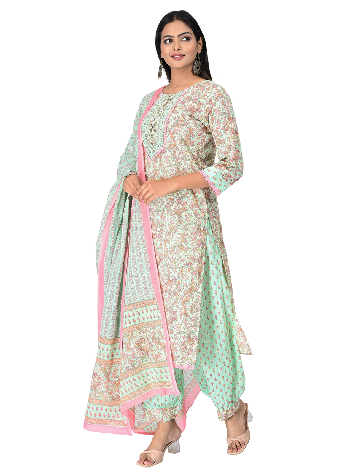 Pastel Green & Pink Printed Kurta Set with Dupatta