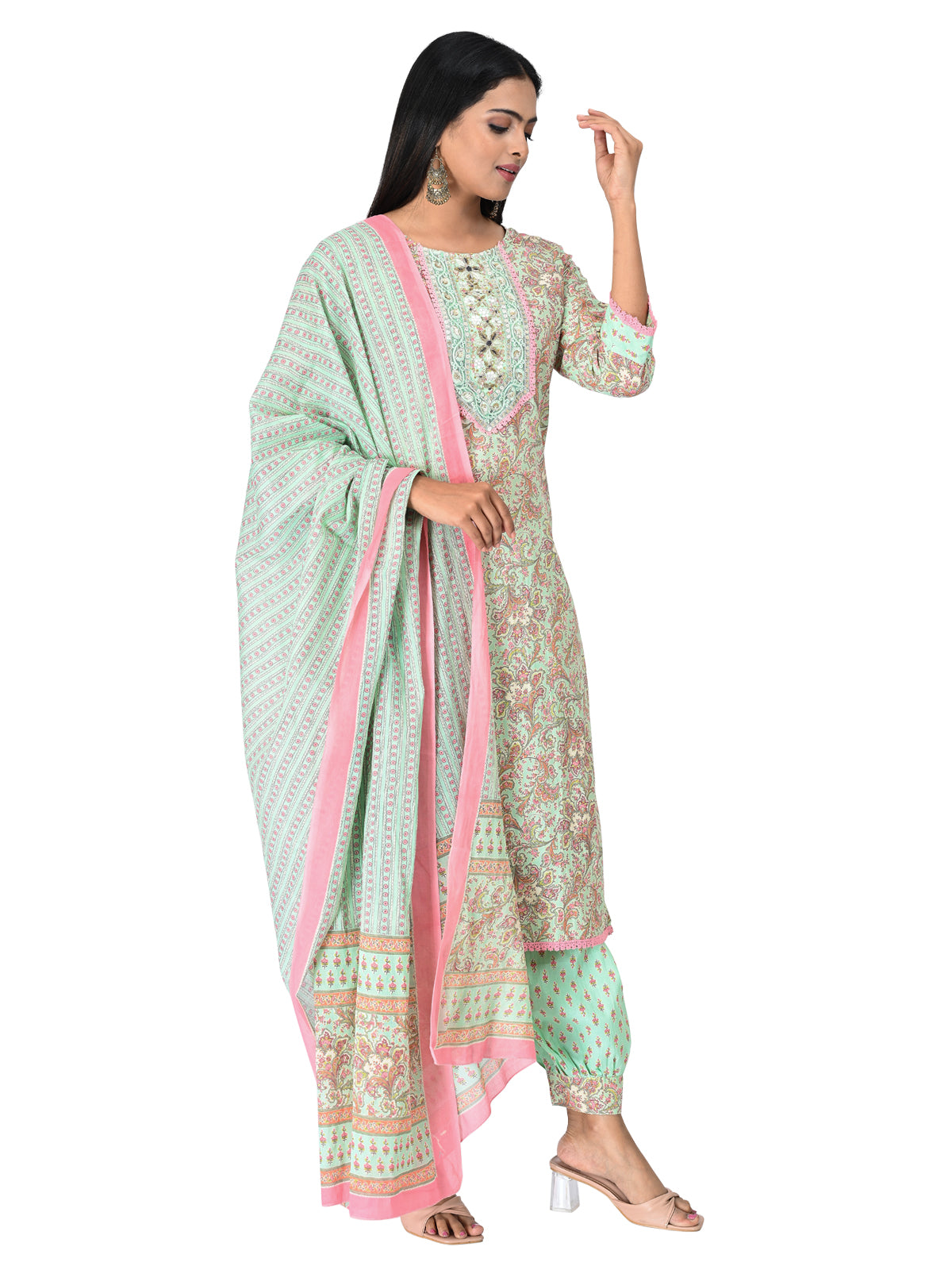 Pastel Green & Pink Printed Kurta Set with Dupatta