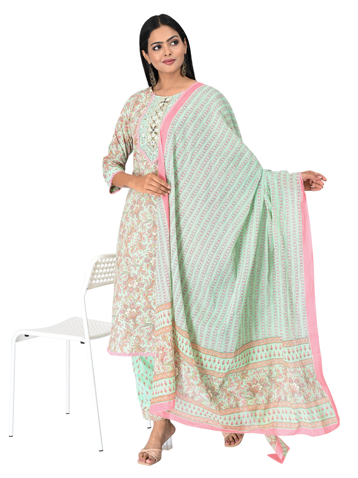 Pastel Green & Pink Printed Kurta Set with Dupatta