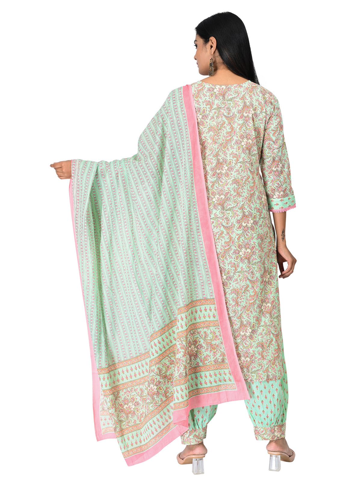 Pastel Green & Pink Printed Kurta Set with Dupatta