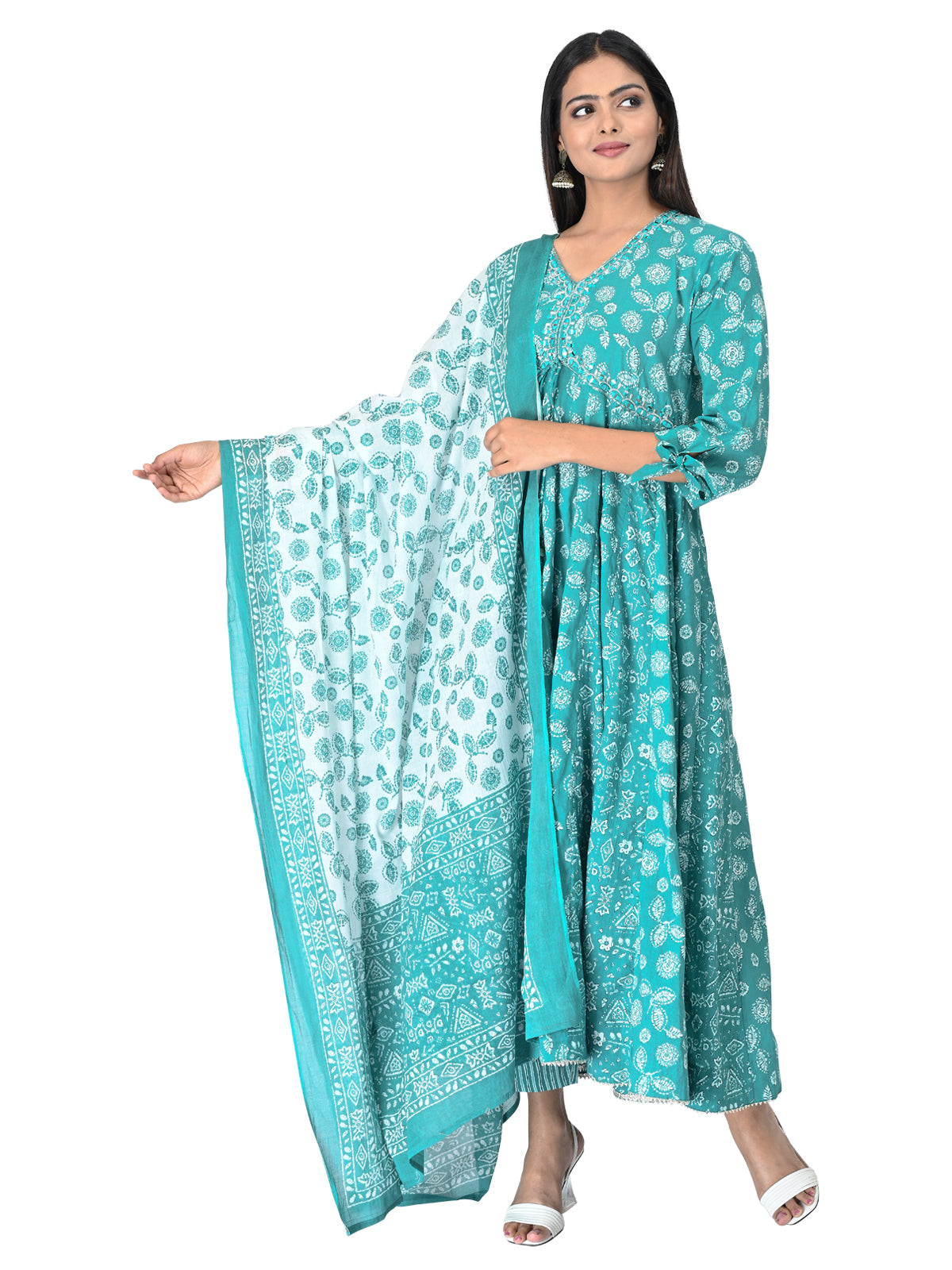 Refreshing Aqua Blue Printed Anarkali Set with Dupatta