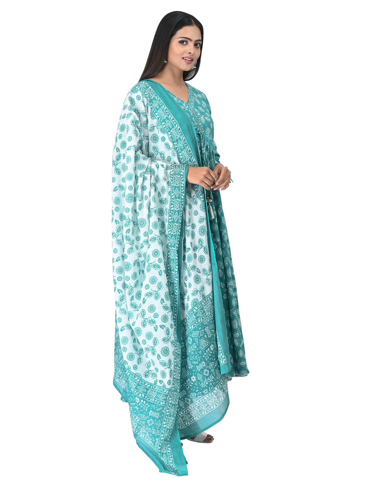 Refreshing Aqua Blue Printed Anarkali Set with Dupatta