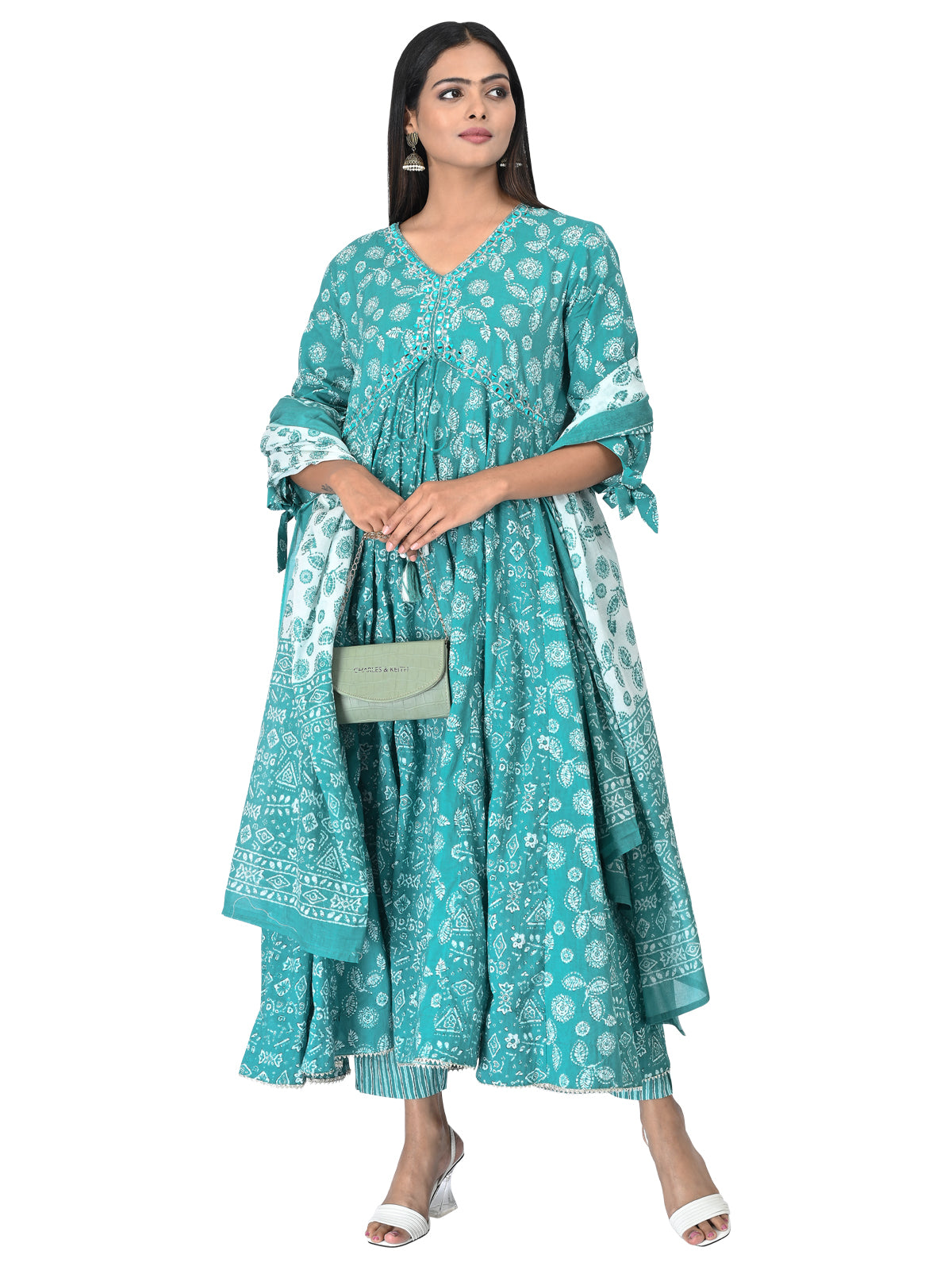Refreshing Aqua Blue Printed Anarkali Set with Dupatta