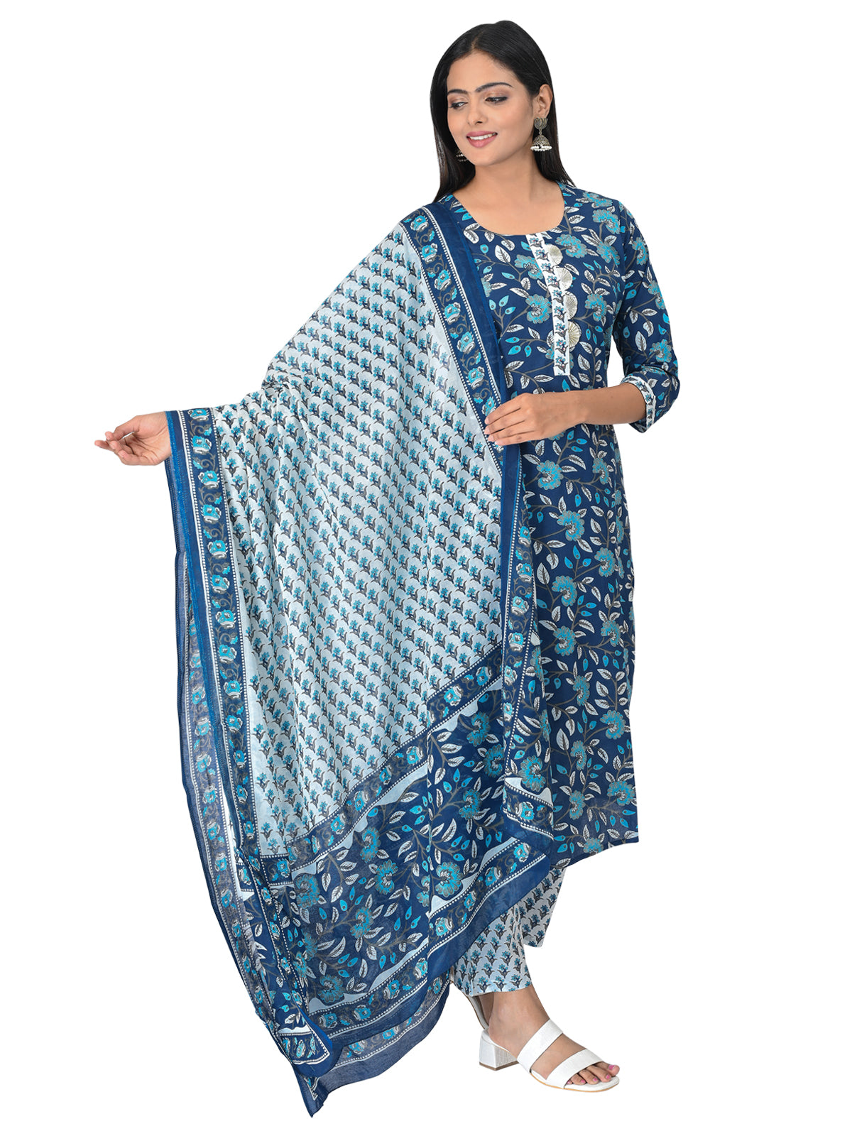 Blue Floral Printed Kurta Set with Dupatta
