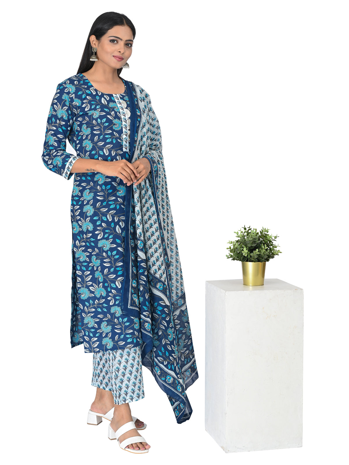 Blue Floral Printed Kurta Set with Dupatta