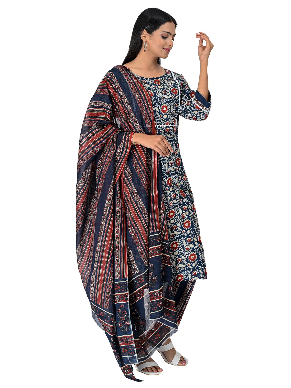 Navy Blue & Red Floral Printed Kurta Set with Dupatta