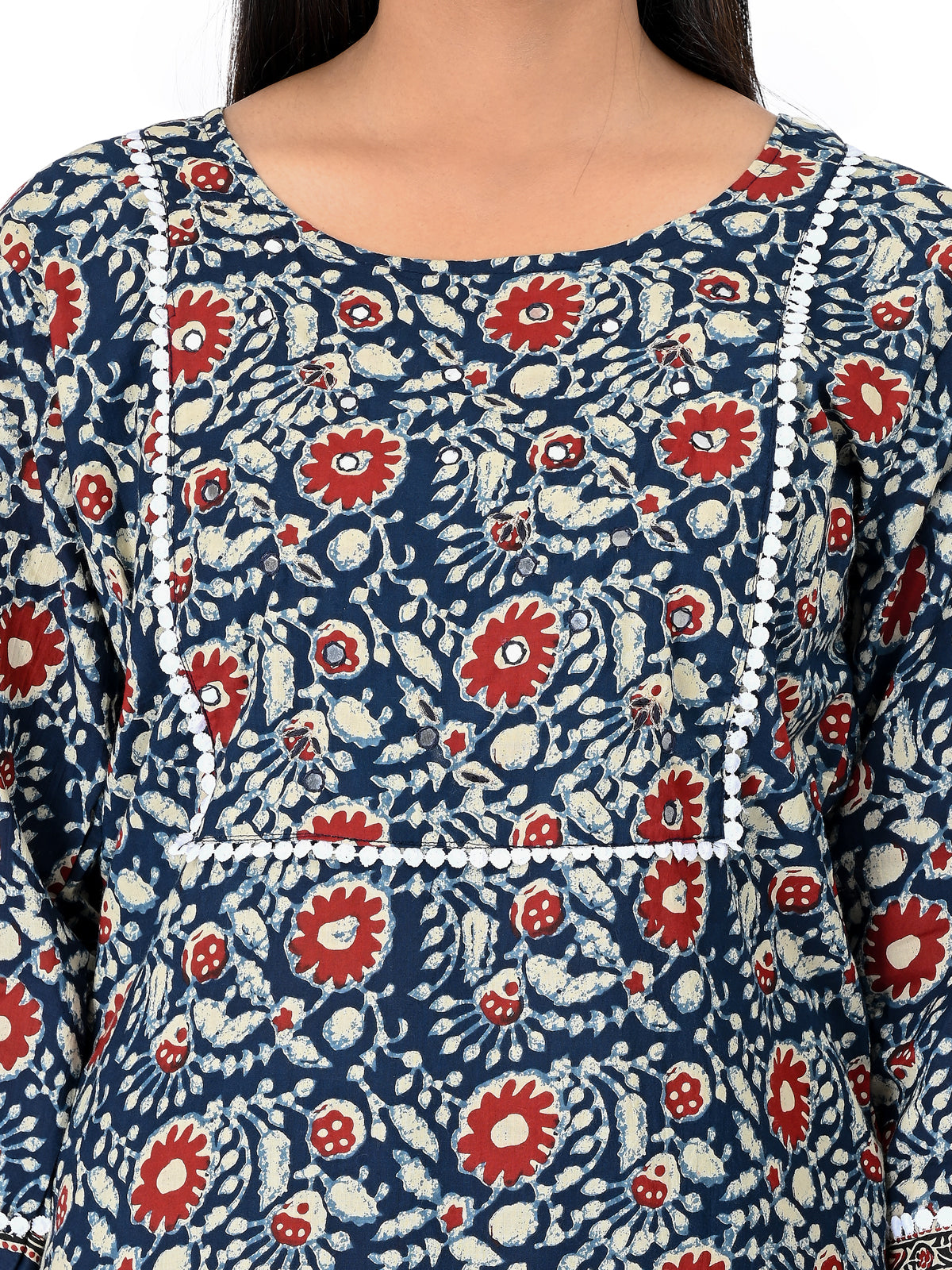 Navy Blue & Red Floral Printed Kurta Set with Dupatta