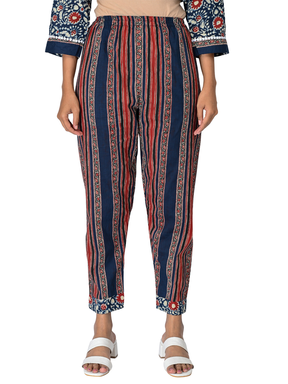 Navy Blue & Red Floral Printed Kurta Set with Dupatta