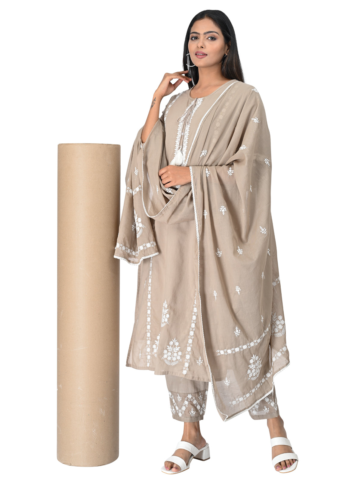 Beige Embroidered Cotton Kurta Set with Dupatta