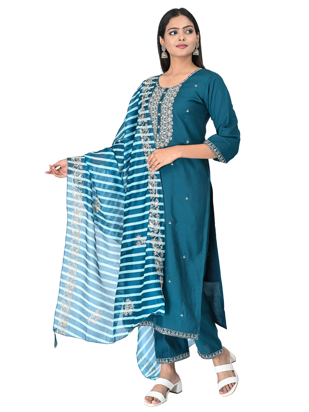 Teal Blue Embroidered Kurta Set with Dupatta