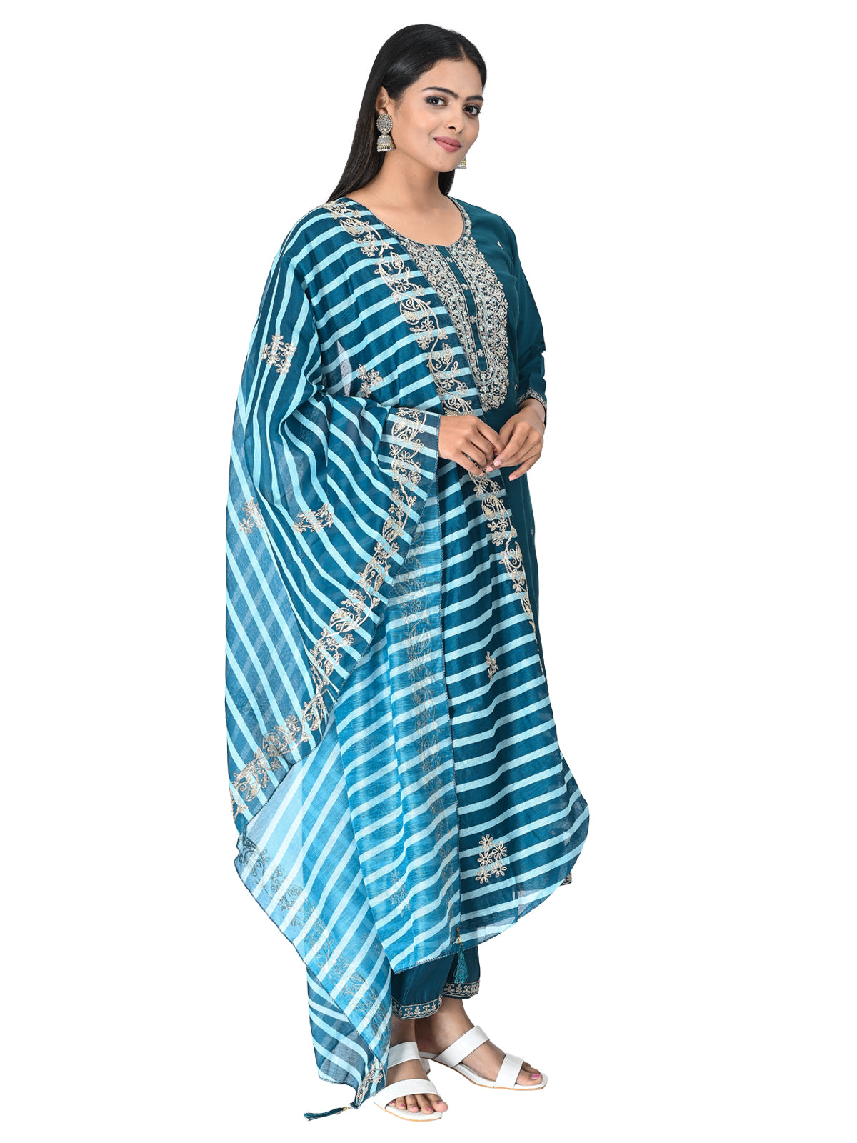 Teal Blue Embroidered Kurta Set with Dupatta