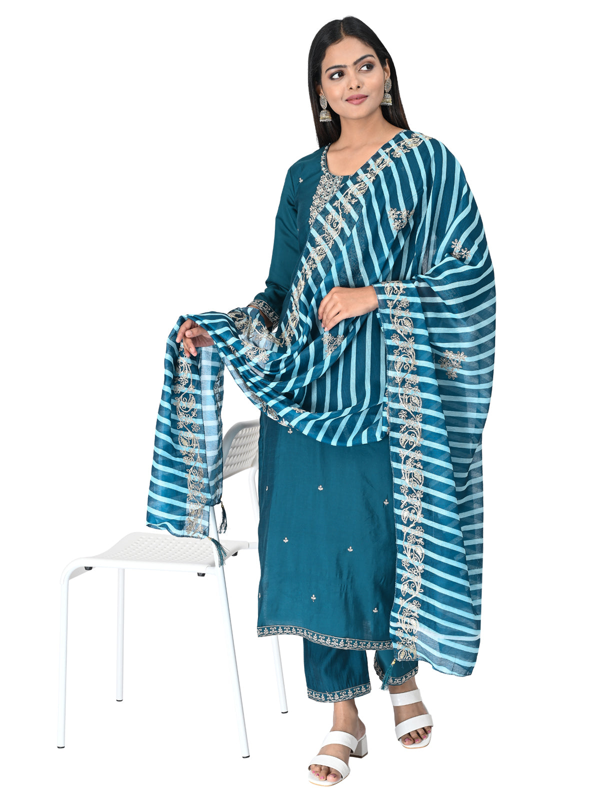 Teal Blue Embroidered Kurta Set with Dupatta