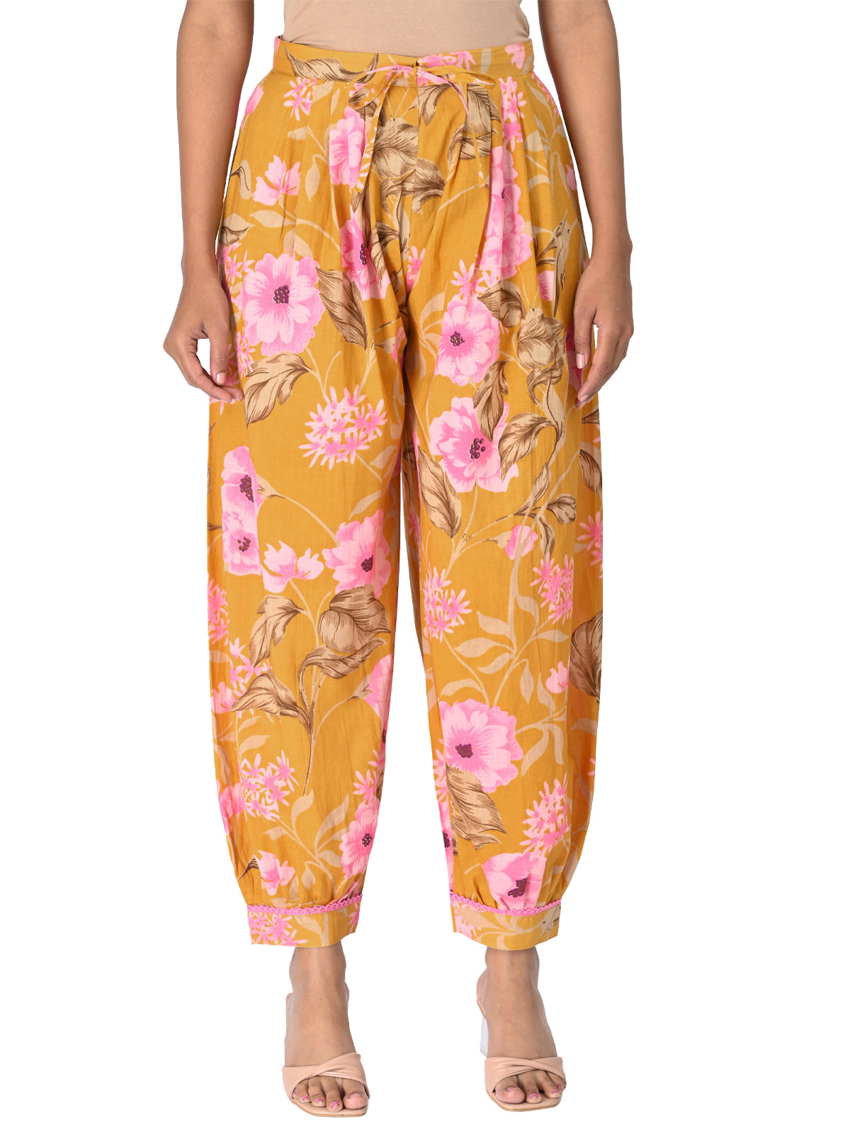 Mustard Floral Printed Kurta Set with Embroidered Neckline & Dupatta