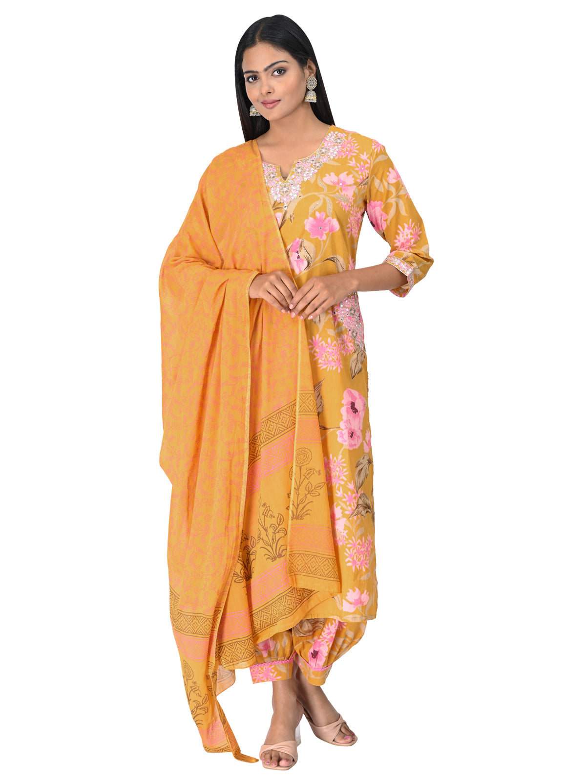 Mustard Floral Printed Kurta Set with Embroidered Neckline & Dupatta
