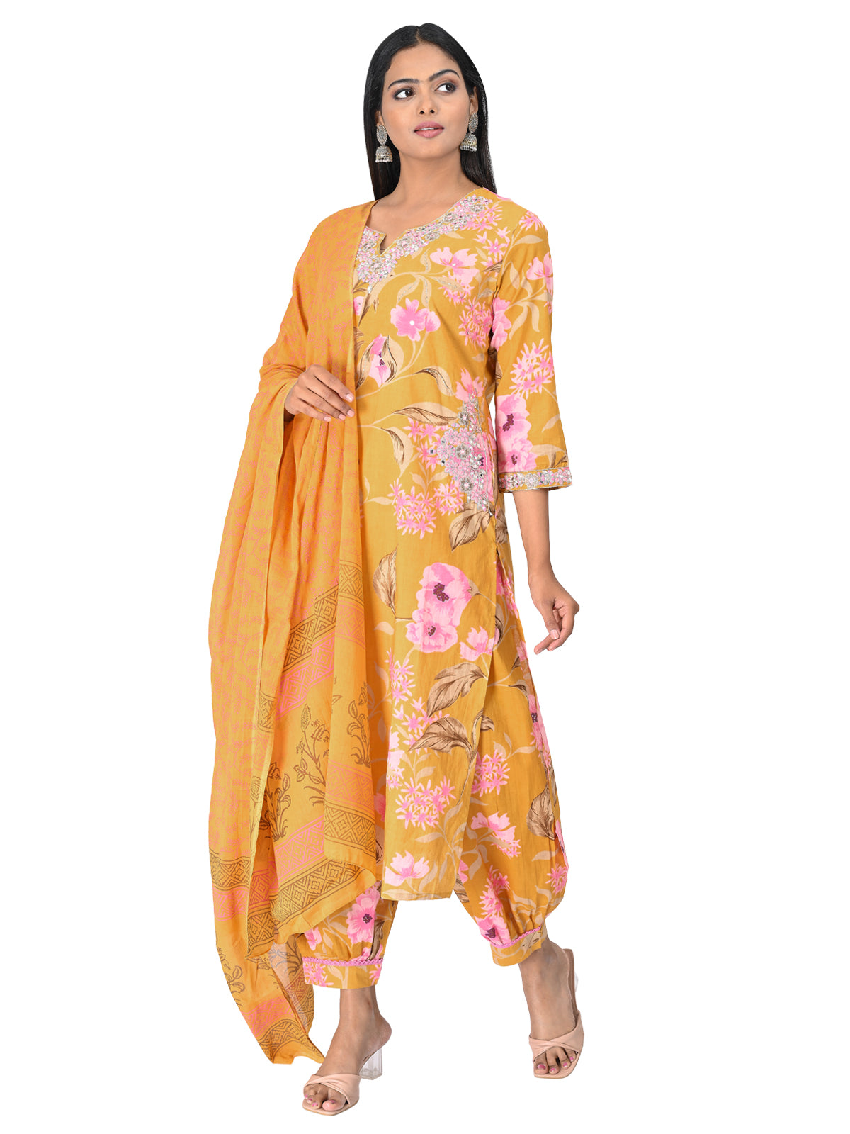 Mustard Floral Printed Kurta Set with Embroidered Neckline & Dupatta