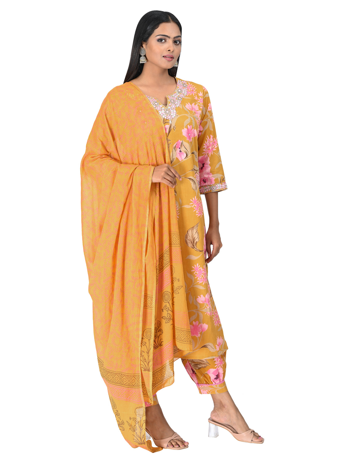 Mustard Floral Printed Kurta Set with Embroidered Neckline & Dupatta