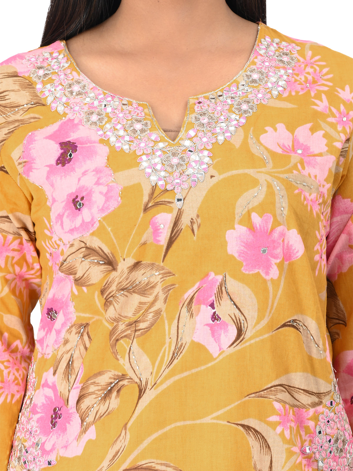 Mustard Floral Printed Kurta Set with Embroidered Neckline & Dupatta