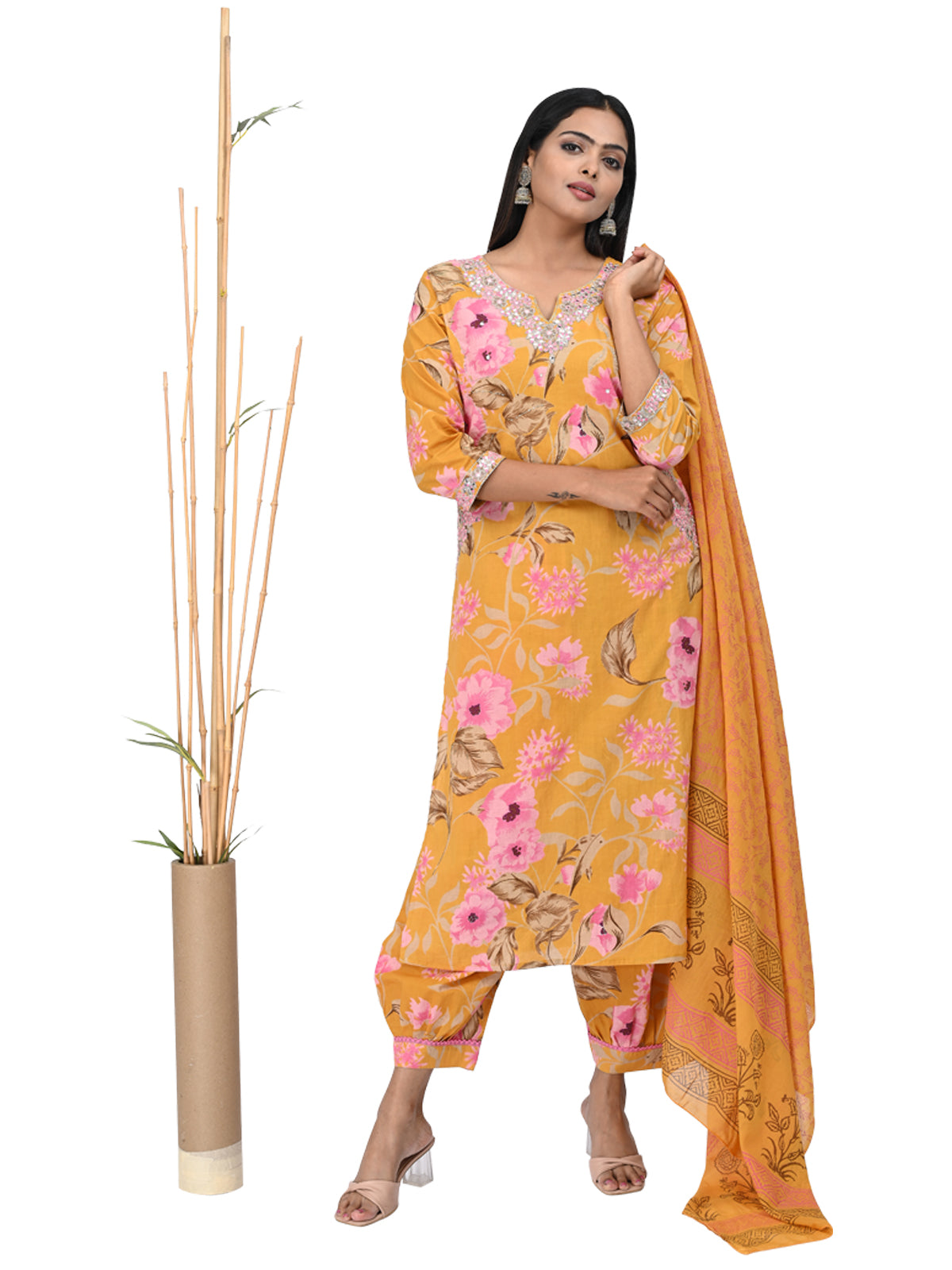 Mustard Floral Printed Kurta Set with Embroidered Neckline & Dupatta