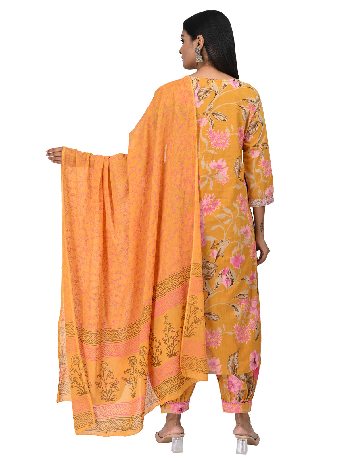 Mustard Floral Printed Kurta Set with Embroidered Neckline & Dupatta
