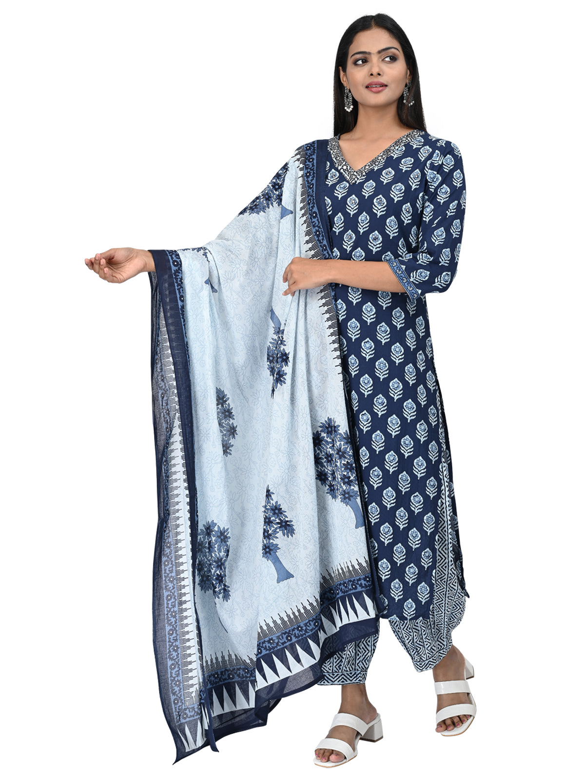 Navy Blue Printed Cotton Kurta Set with Dupatta