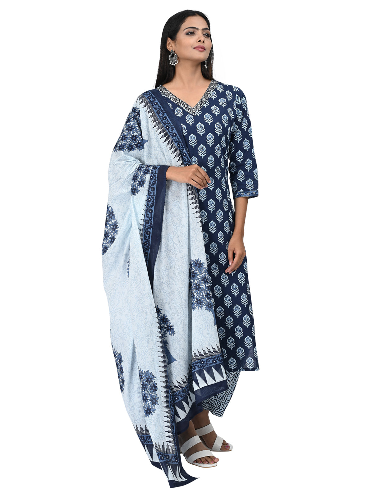 Navy Blue Printed Cotton Kurta Set with Dupatta