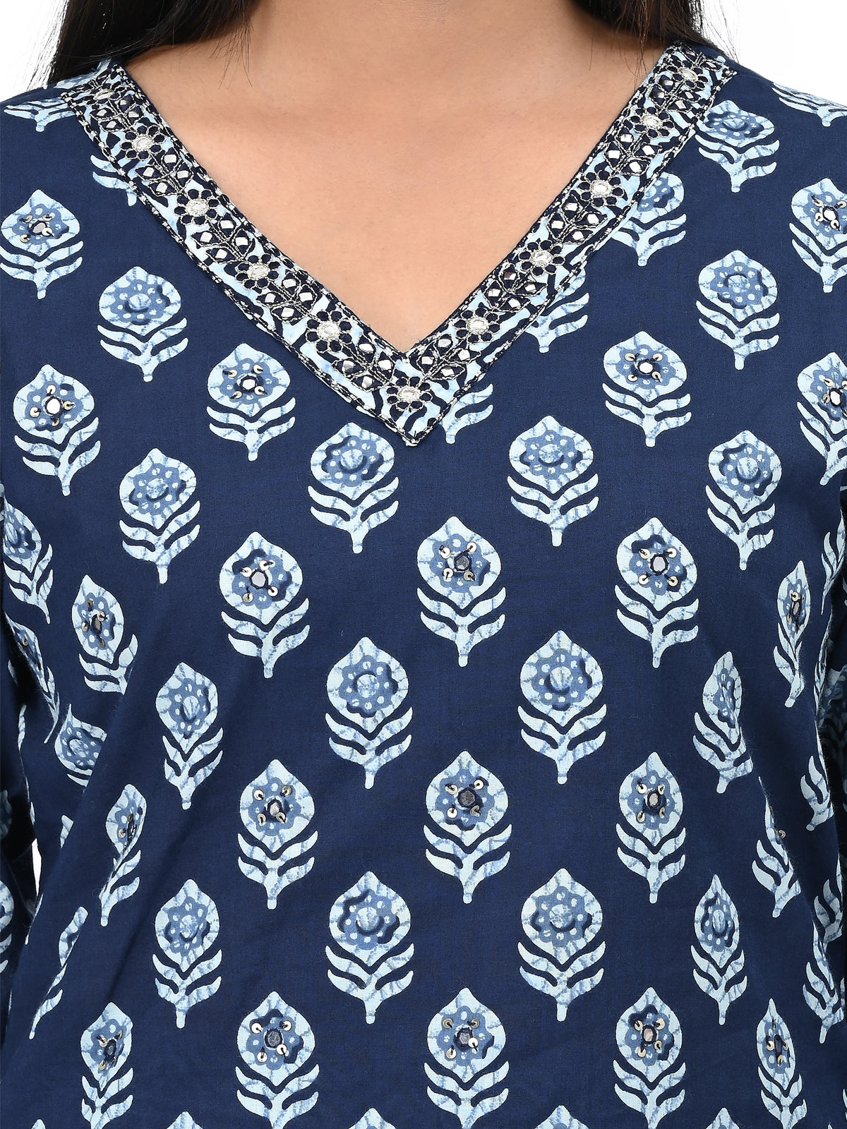 Navy Blue Printed Cotton Kurta Set with Dupatta