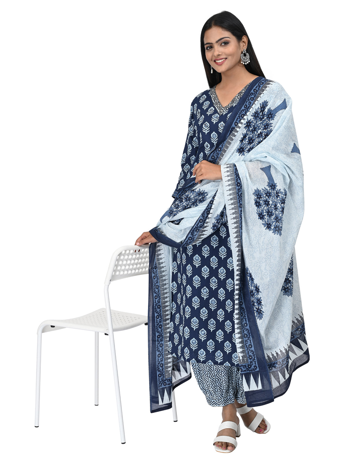 Navy Blue Printed Cotton Kurta Set with Dupatta