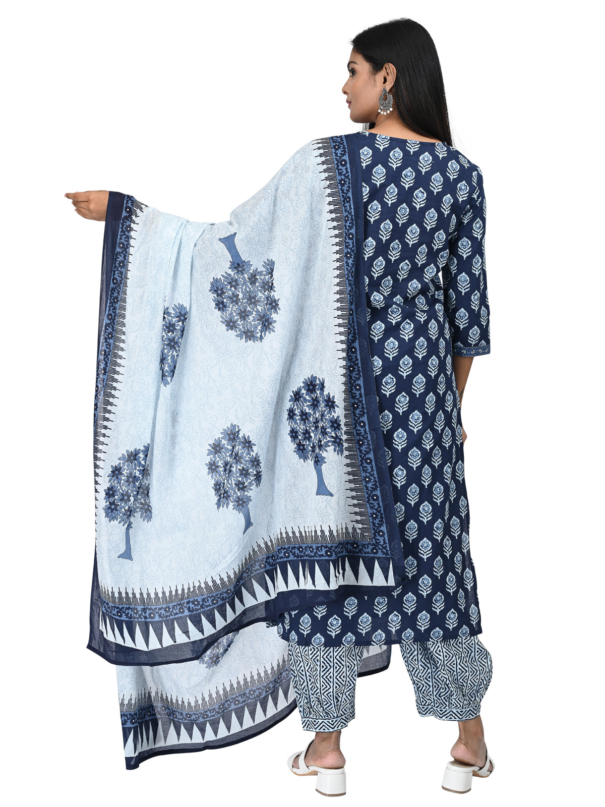 Navy Blue Printed Cotton Kurta Set with Dupatta