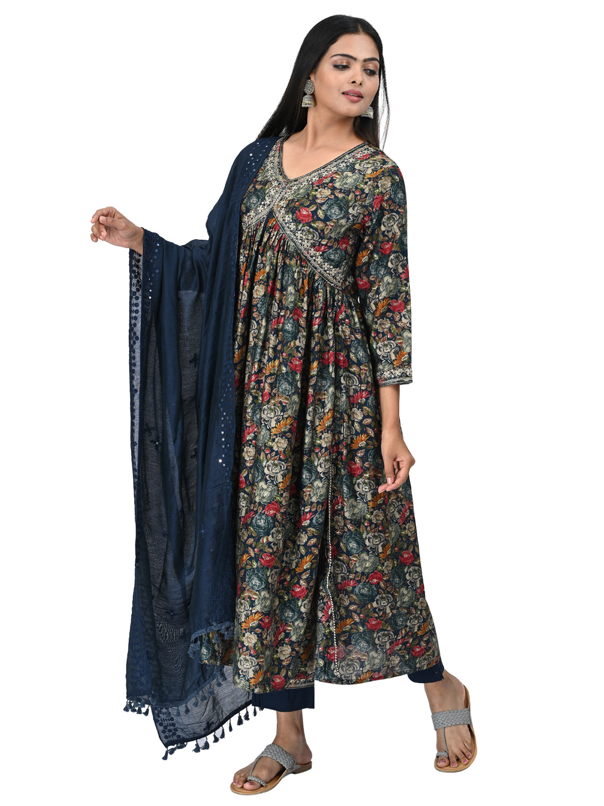 Navy Blue Floral Printed Kurta Set with Dupatta