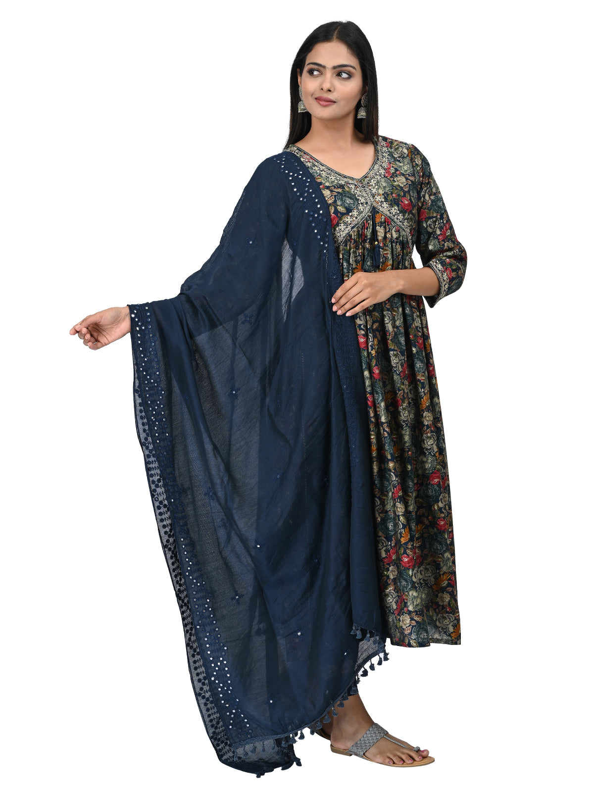 Navy Blue Floral Printed Kurta Set with Dupatta