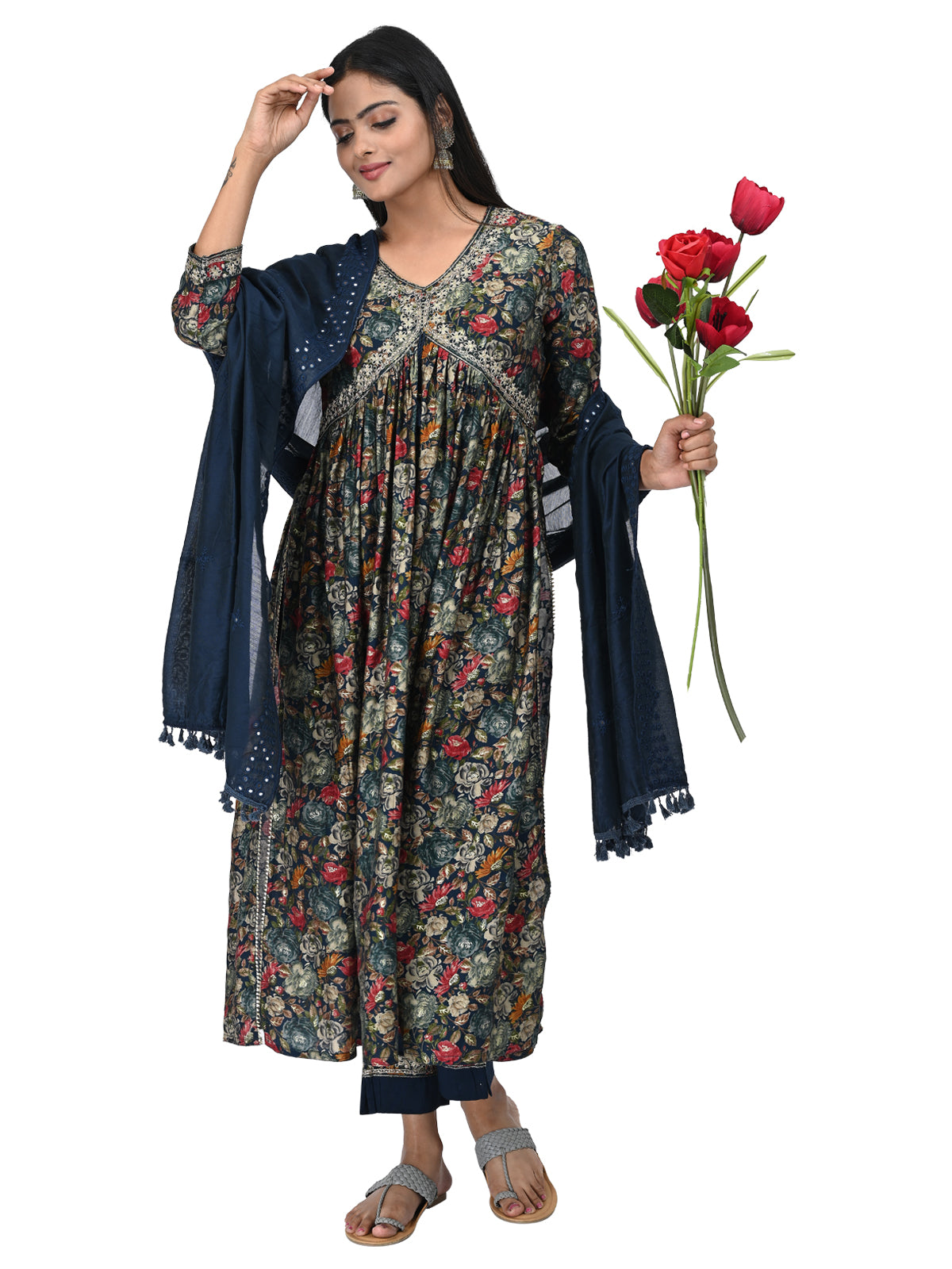 Navy Blue Floral Printed Kurta Set with Dupatta
