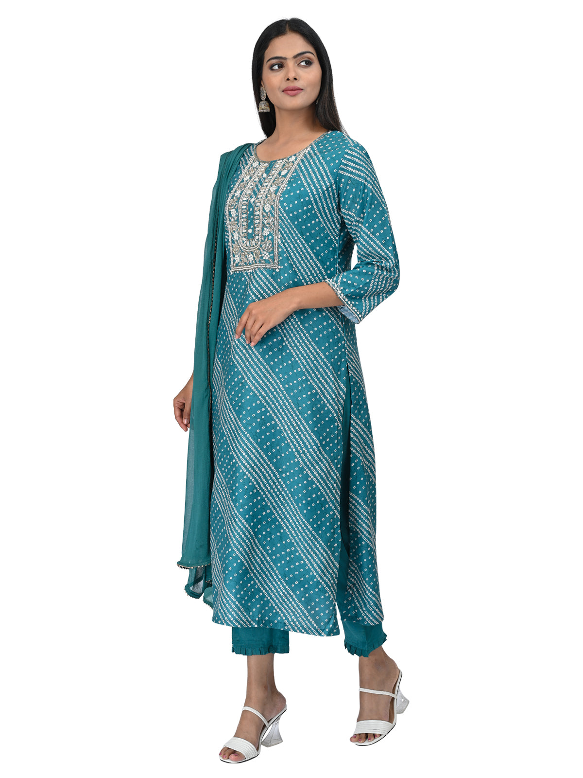 Teal Printed Kurta Set with Embroidered Neckline & Dupatta