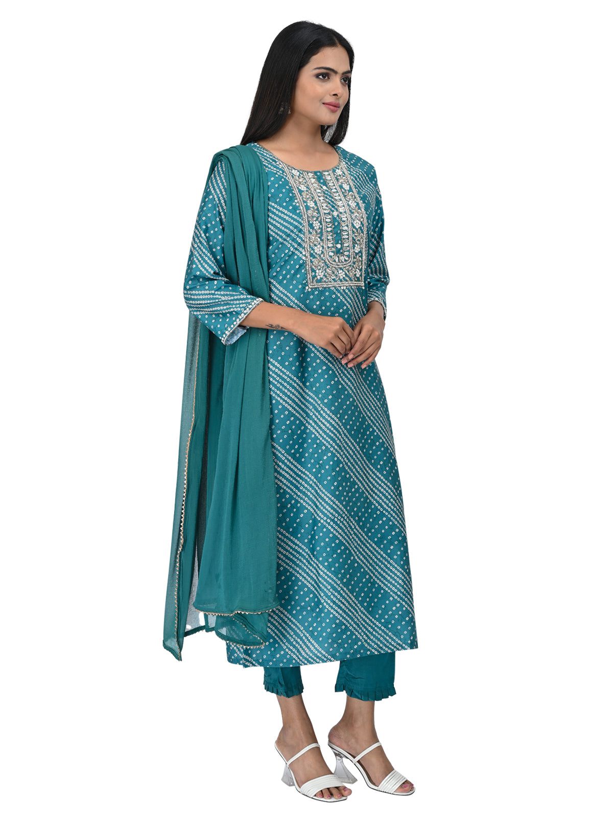 Teal Printed Kurta Set with Embroidered Neckline & Dupatta