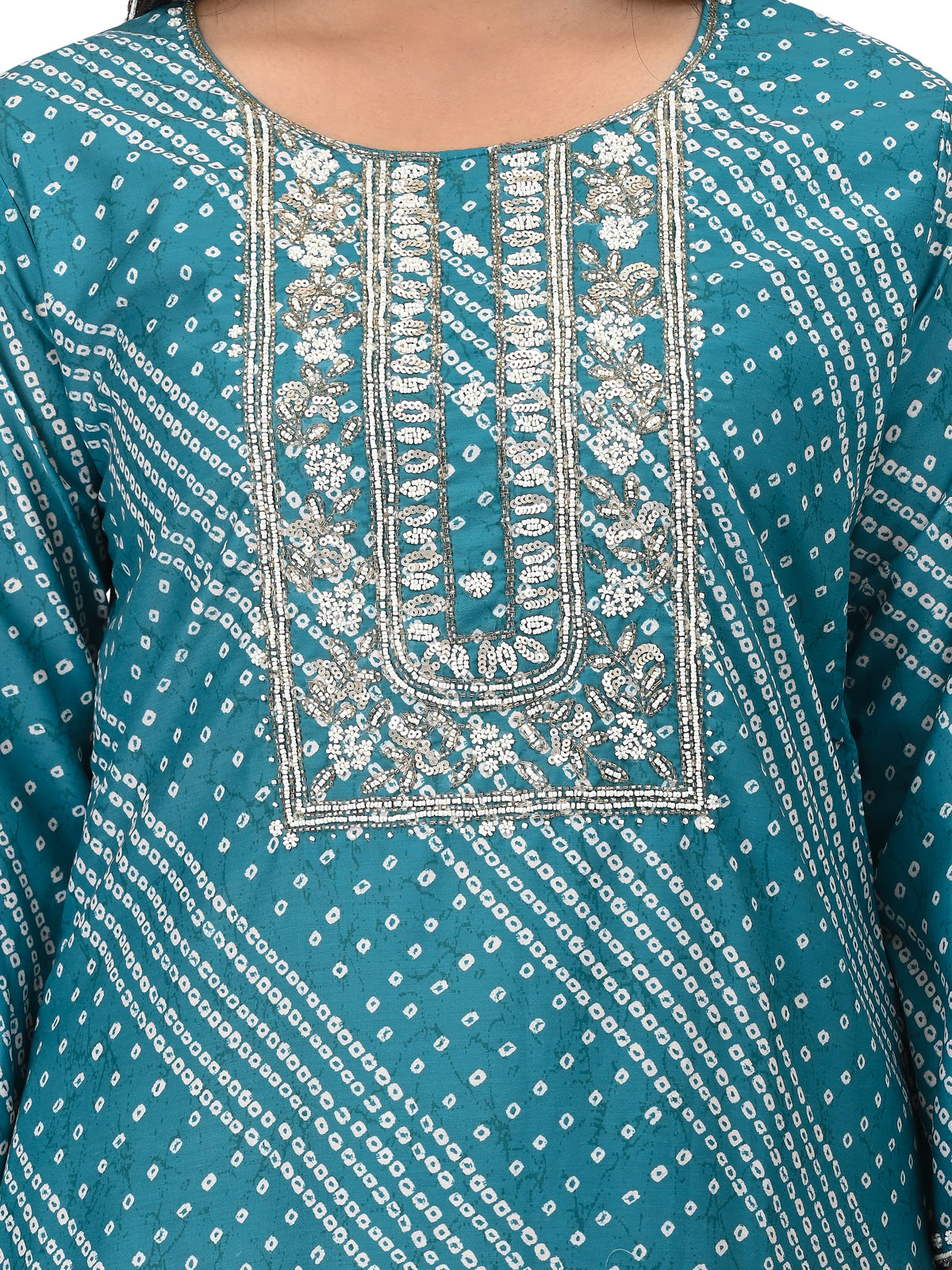 Teal Printed Kurta Set with Embroidered Neckline & Dupatta