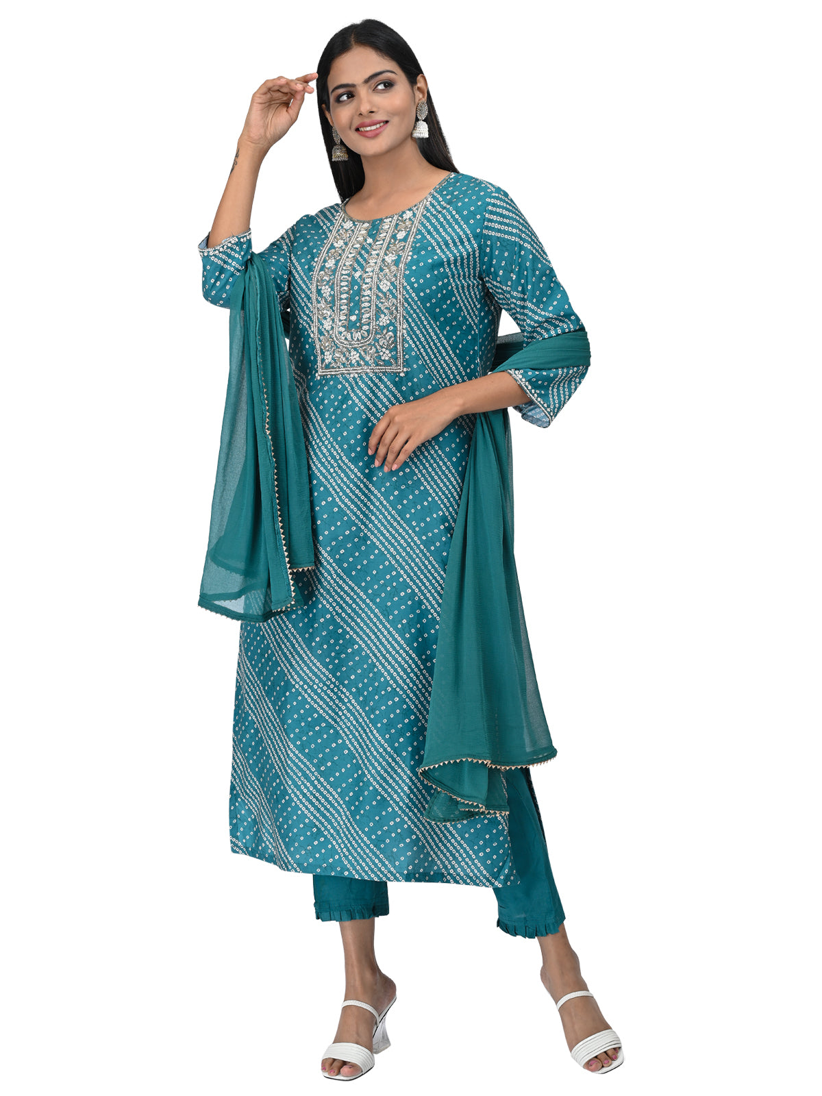 Teal Printed Kurta Set with Embroidered Neckline & Dupatta