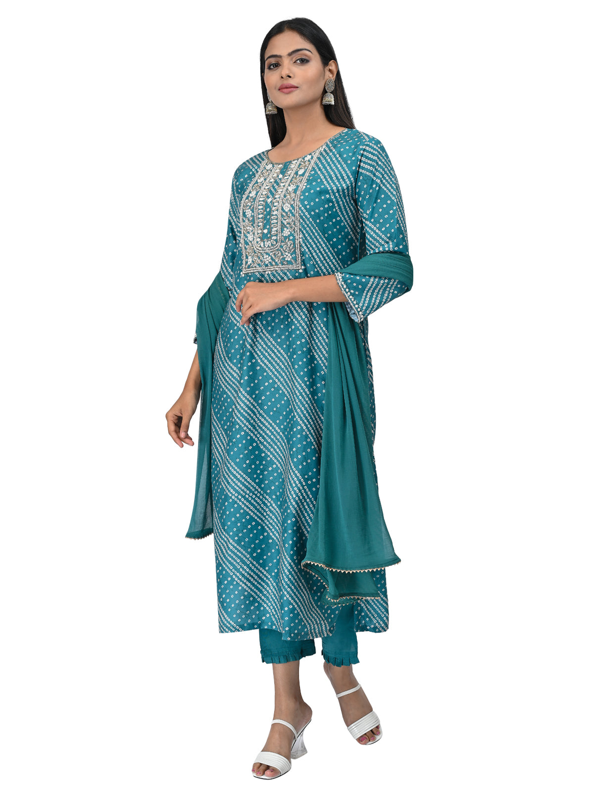 Teal Printed Kurta Set with Embroidered Neckline & Dupatta