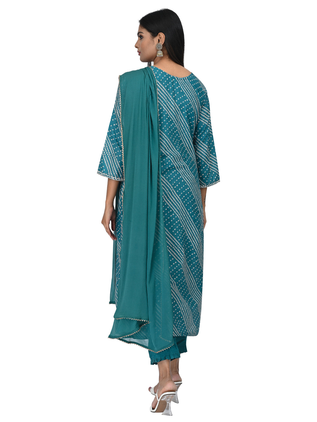 Teal Printed Kurta Set with Embroidered Neckline & Dupatta