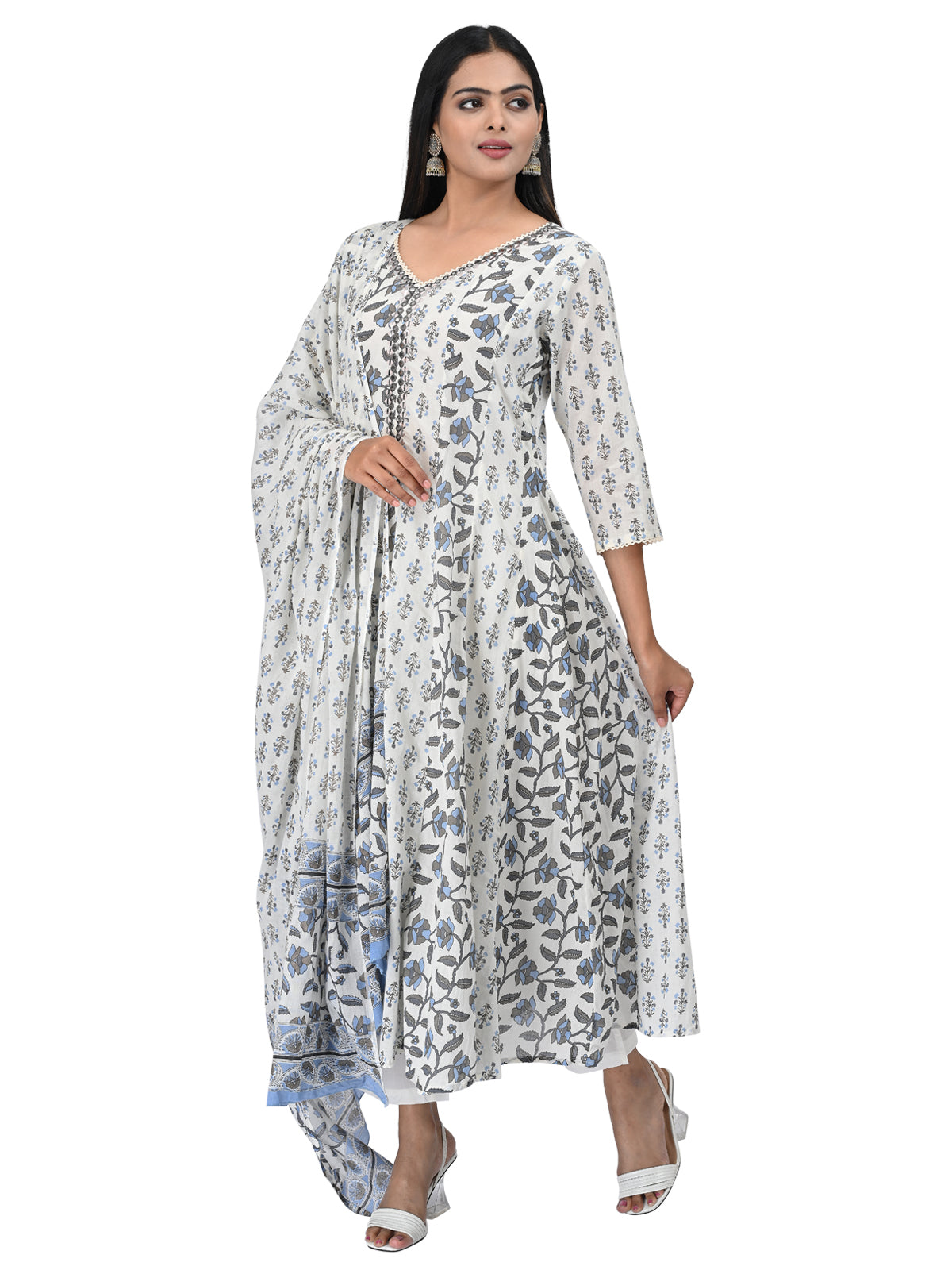 White & Blue Floral Cotton Kurta Set with Dupatta