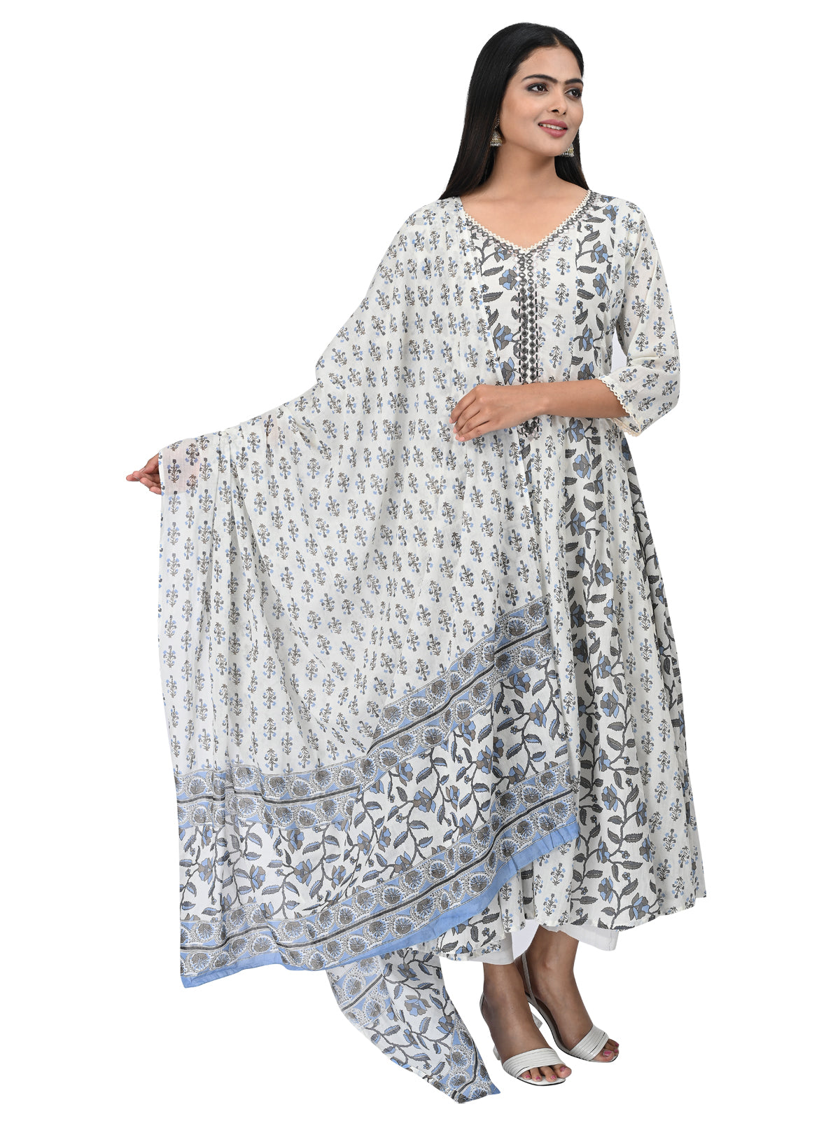 White & Blue Floral Cotton Kurta Set with Dupatta